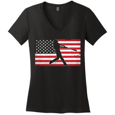 Baseball Player USA American Flag Women's V-Neck T-Shirt
