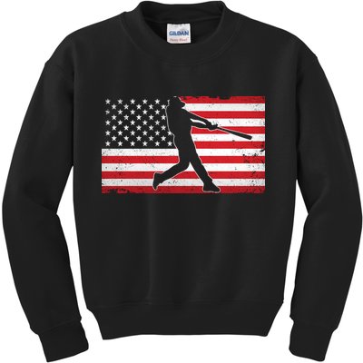 Baseball Player USA American Flag Kids Sweatshirt