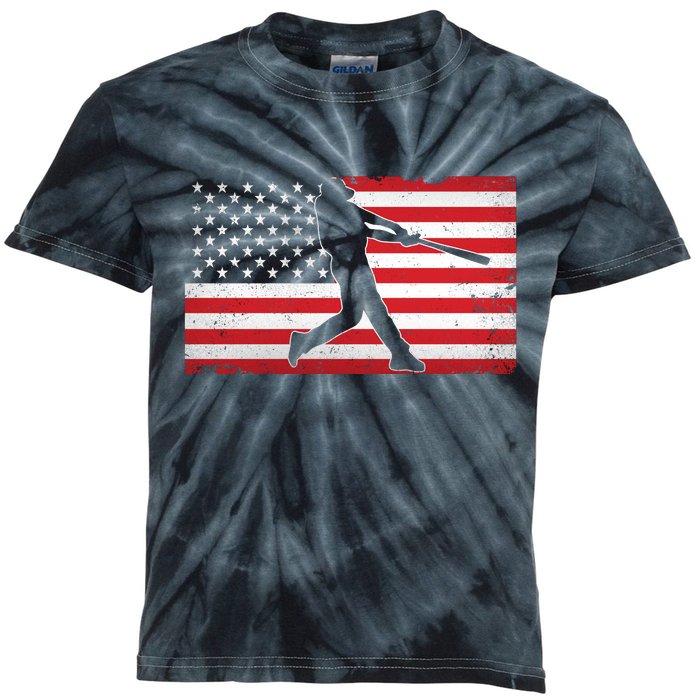 Baseball Player USA American Flag Kids Tie-Dye T-Shirt