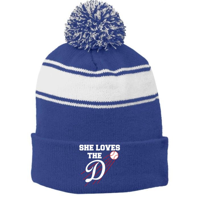 Baseball She Loves The D Los Angeles Stripe Pom Pom Beanie