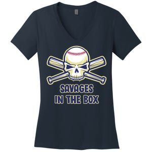 Baseball Skull Savages In The Box Women's V-Neck T-Shirt