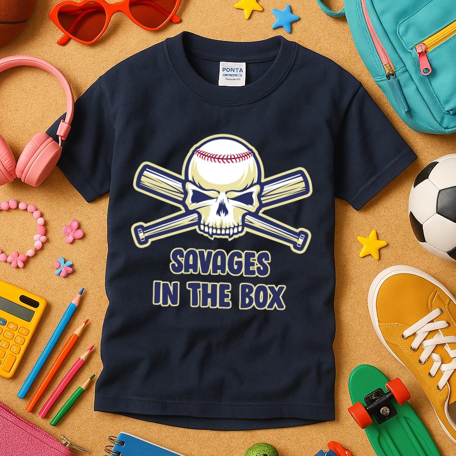 Baseball Skull Savages In The Box Kids T-Shirt