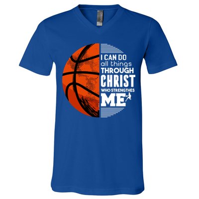 Basketball Faith All Things Through Christ V-Neck T-Shirt