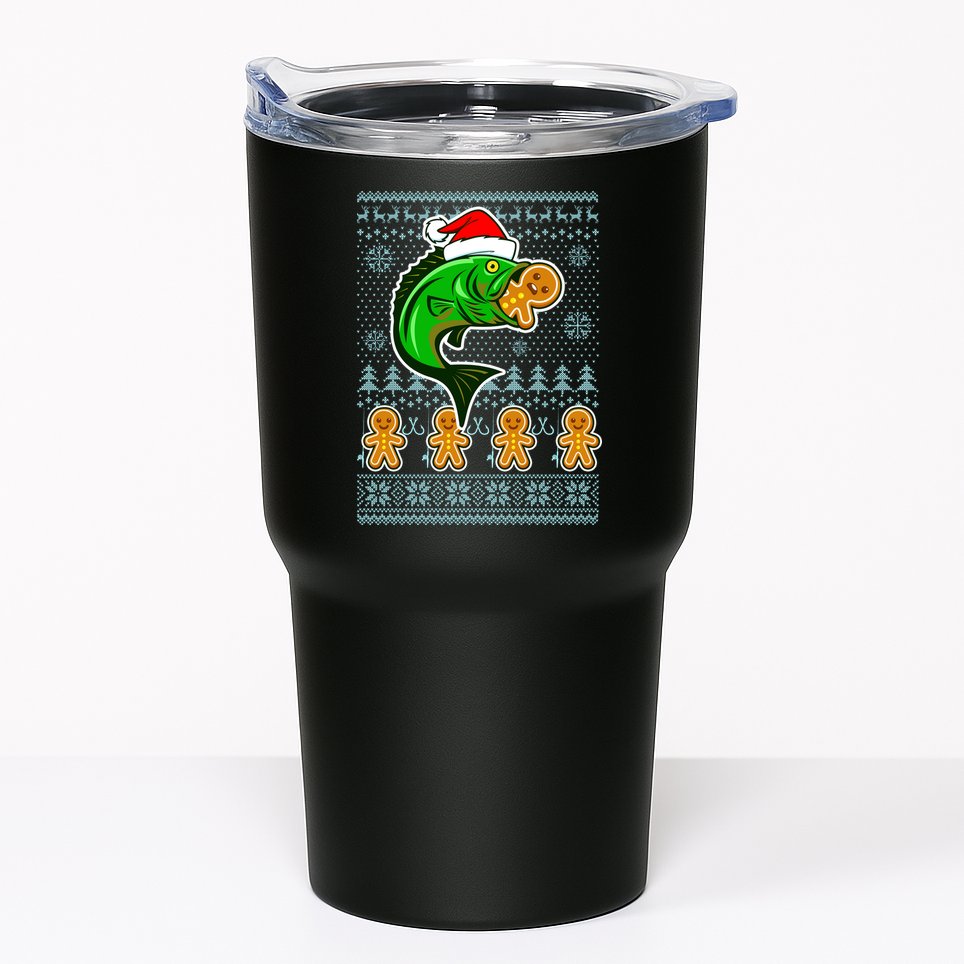 Bass Fish Eating Gingerbread Man Ugly Christmas Fishing Tumbler