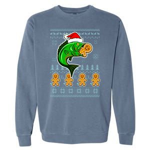 Bass Fish Eating Gingerbread Man Ugly Christmas Fishing Garment-Dyed Sweatshirt