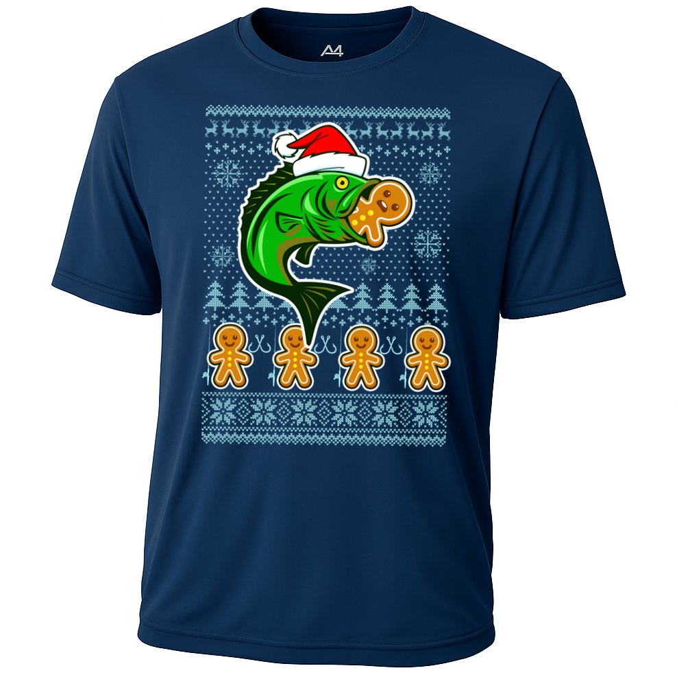 Bass Fish Eating Gingerbread Man Ugly Christmas Fishing Performance Shirt