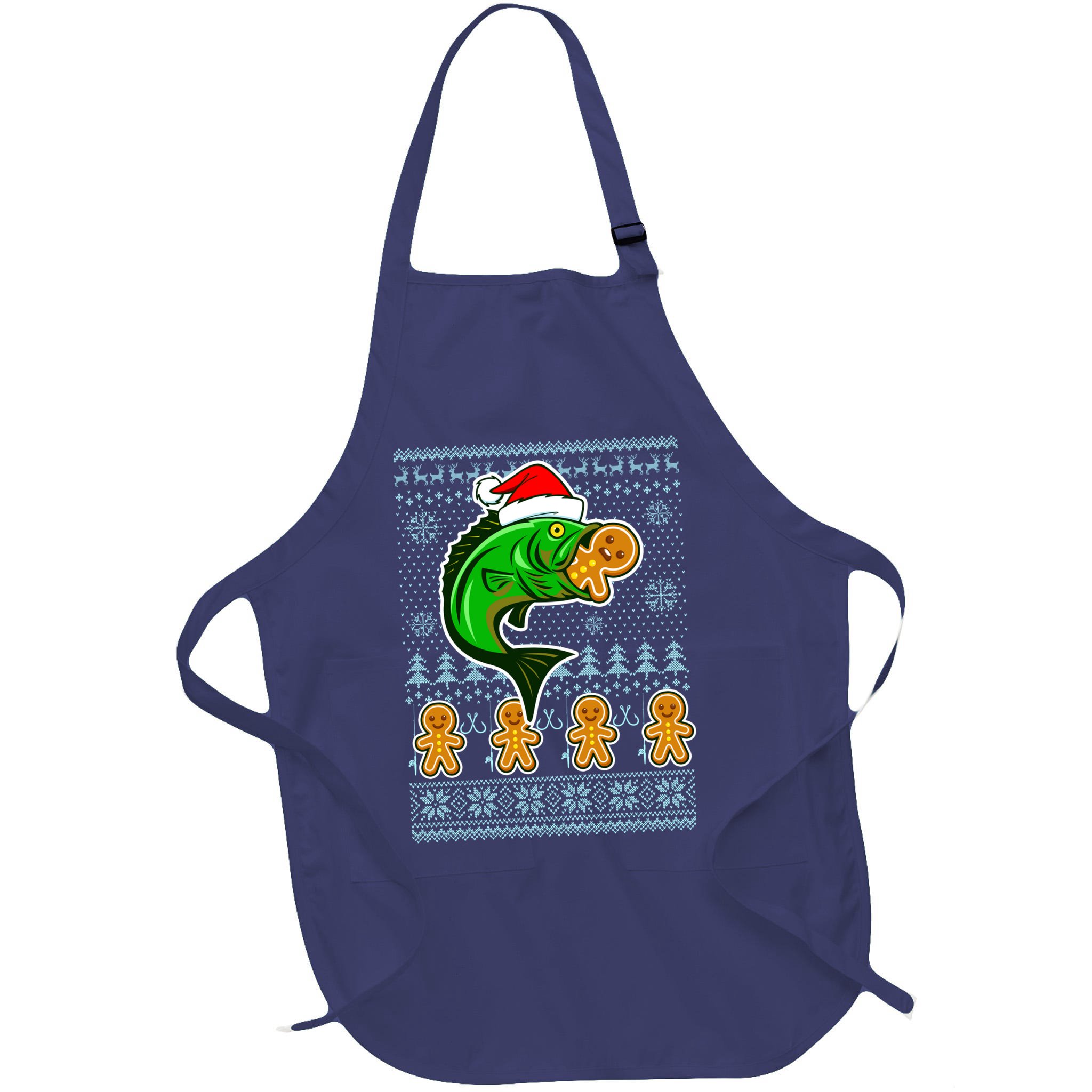 Bass Fish Eating Gingerbread Man Ugly Christmas Fishing Apron