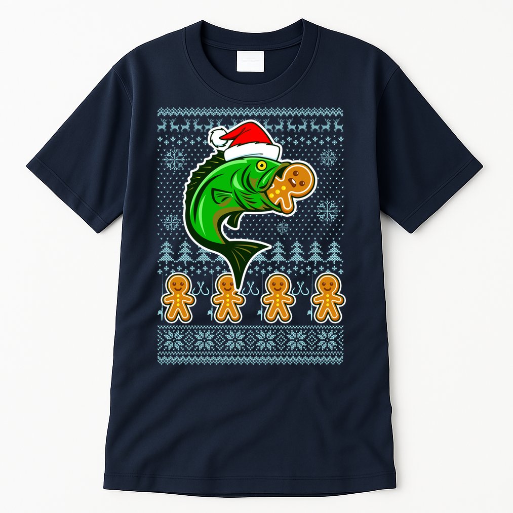 Bass Fish Eating Gingerbread Man Ugly Christmas Fishing Tall T-Shirt