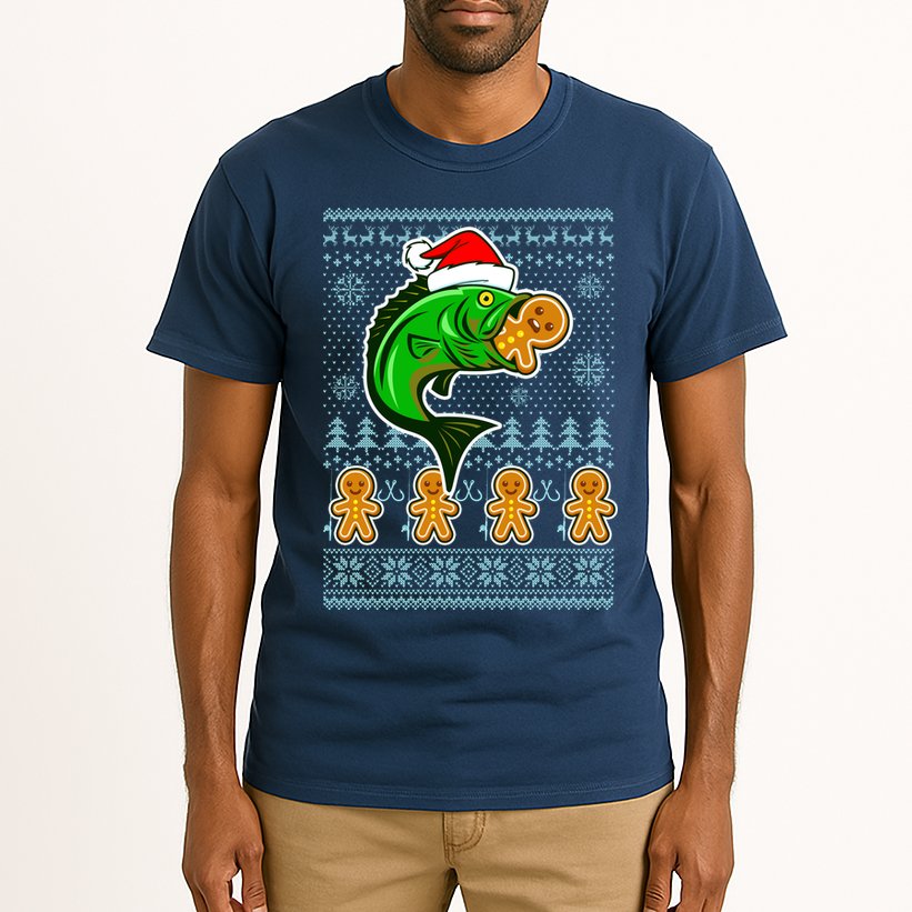 Bass Fish Eating Gingerbread Man Ugly Christmas Fishing Tall T-Shirt