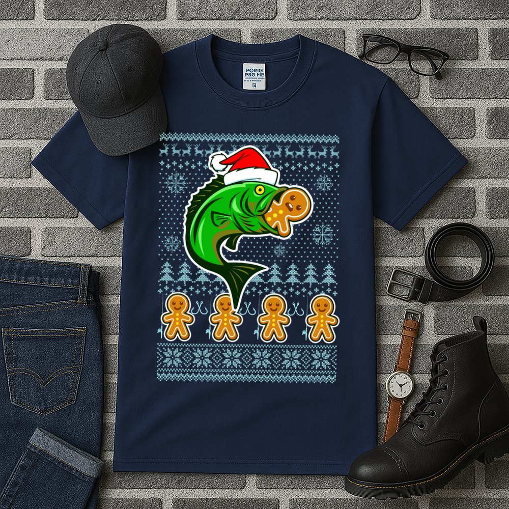 Bass Fish Eating Gingerbread Man Ugly Christmas Fishing Tall T-Shirt