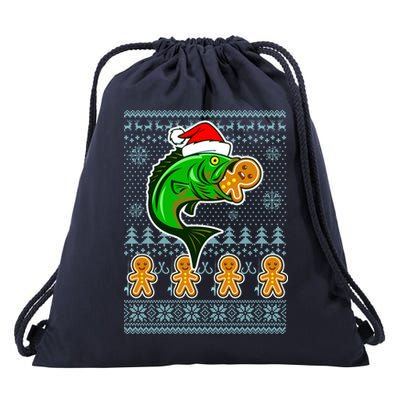 Bass Fish Eating Gingerbread Man Ugly Christmas Fishing Drawstring Bag