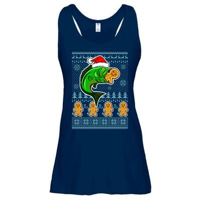 Bass Fish Eating Gingerbread Man Ugly Christmas Fishing Ladies Essential Flowy Tank