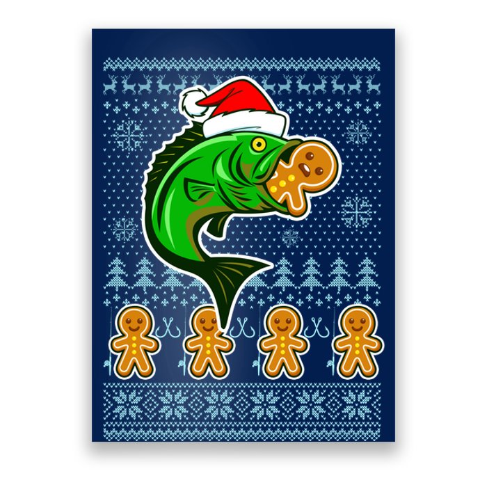 Bass Fish Eating Gingerbread Man Ugly Christmas Fishing Poster