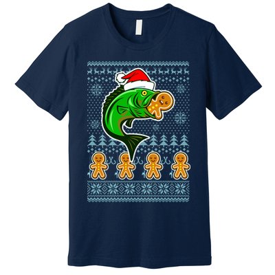 Bass Fish Eating Gingerbread Man Ugly Christmas Fishing Premium T-Shirt