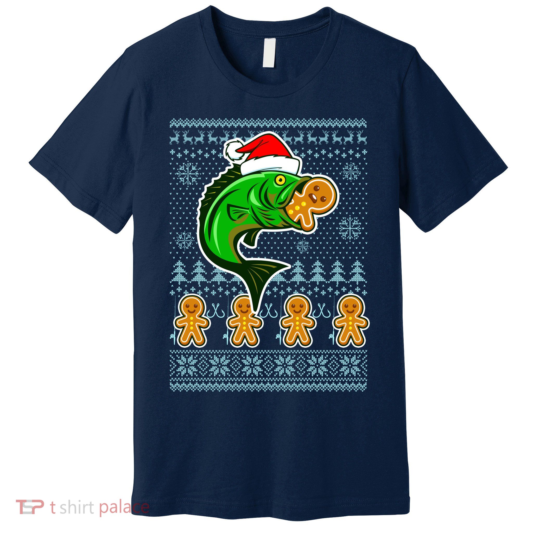 Bass Fish Eating Gingerbread Man Ugly Christmas Fishing Premium T-Shirt