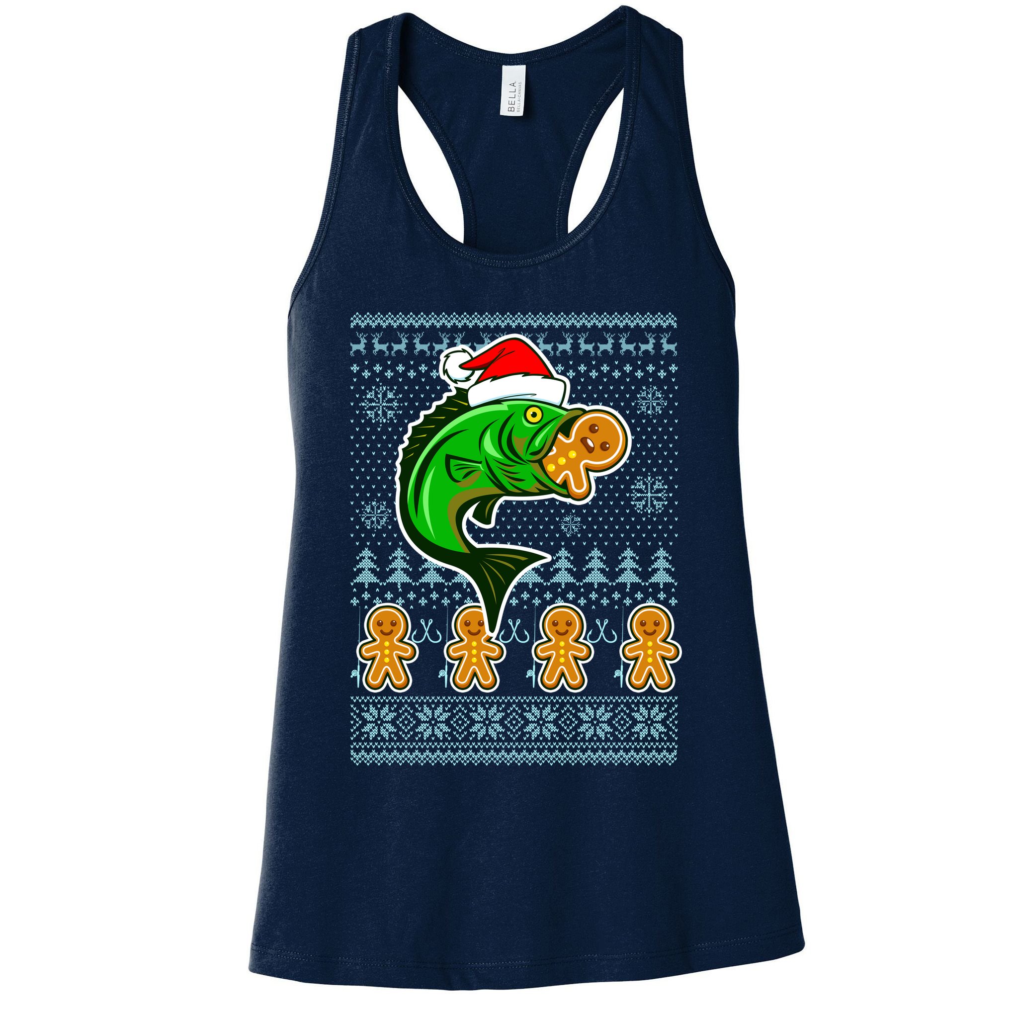 Bass Fish Eating Gingerbread Man Ugly Christmas Fishing Womens Tank Top