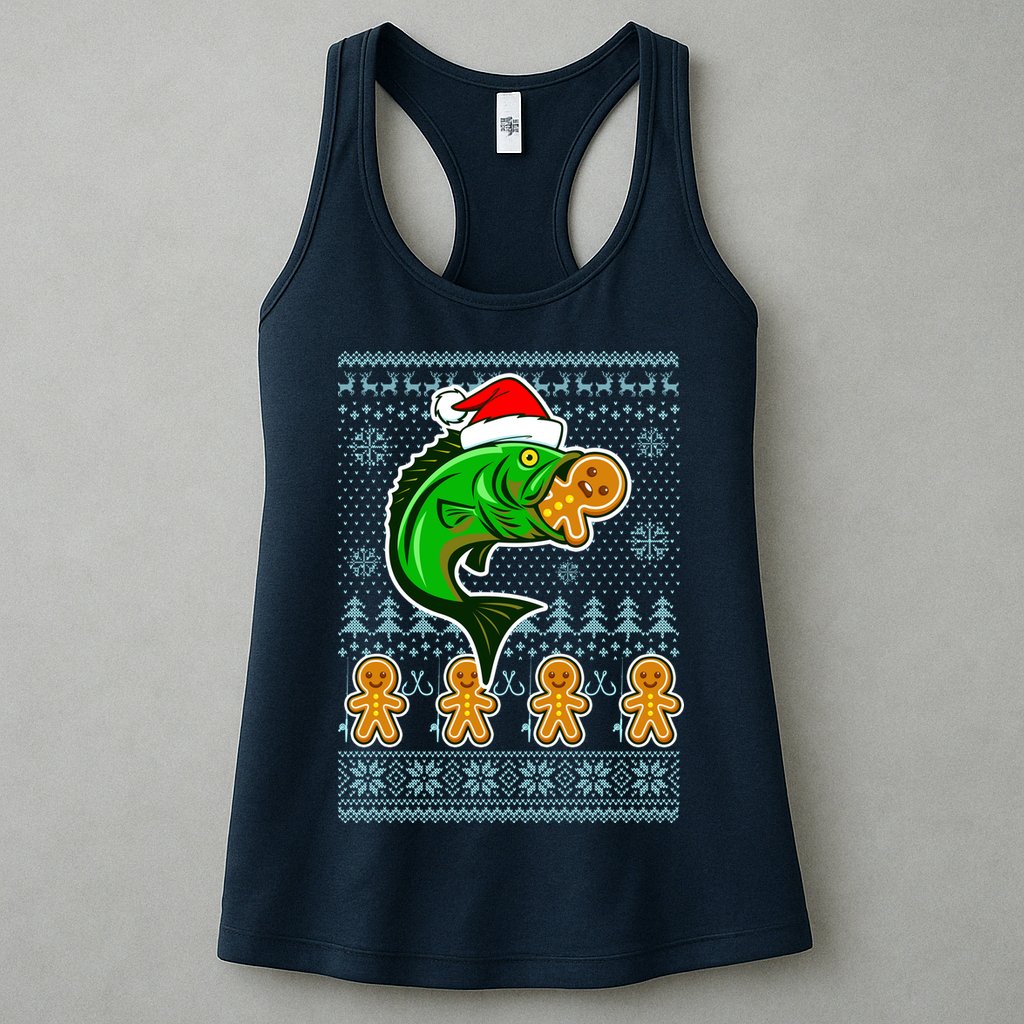 Bass Fish Eating Gingerbread Man Ugly Christmas Fishing Womens Tank Top