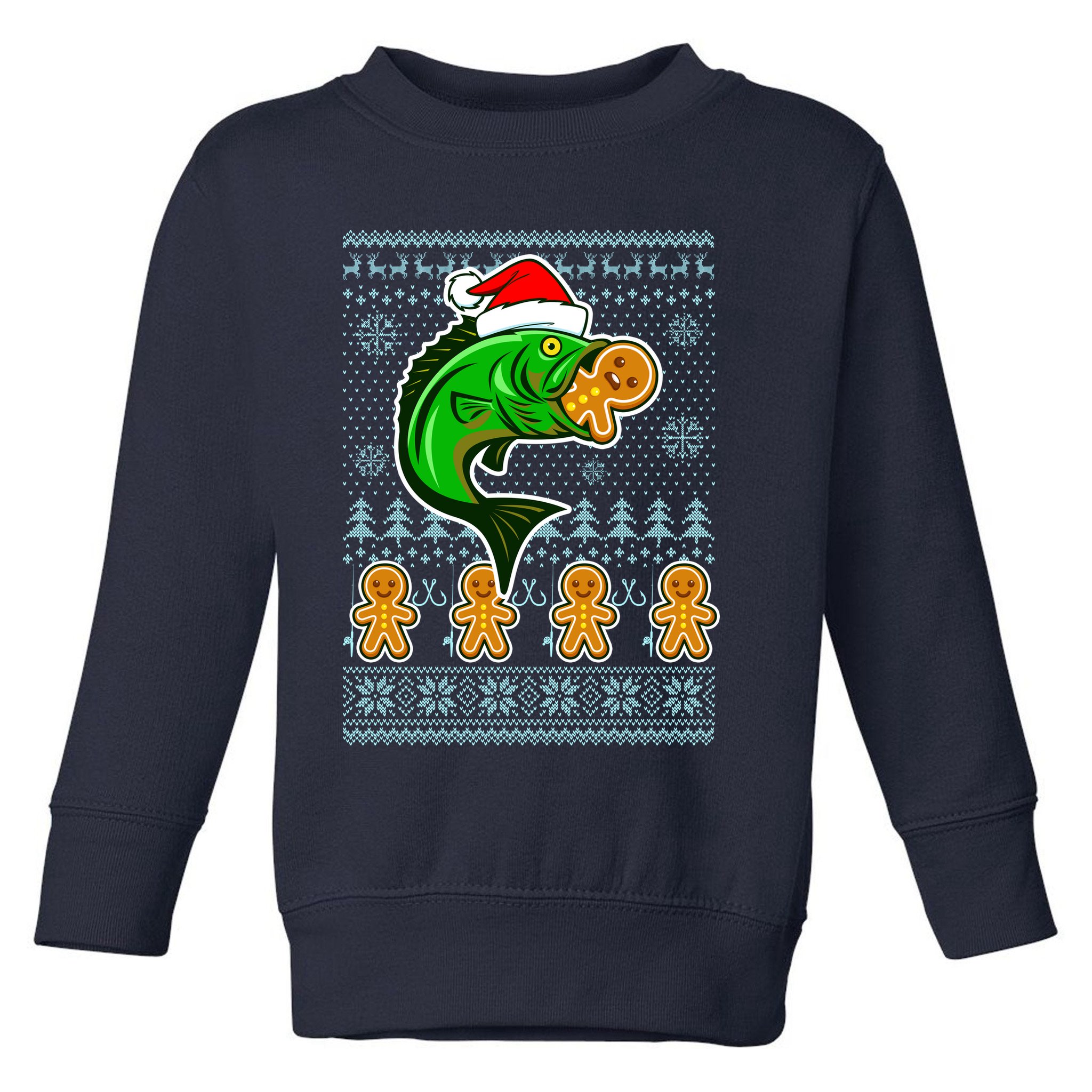 Bass Fish Eating Gingerbread Man Ugly Christmas Fishing Toddler Sweatshirt