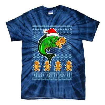 Bass Fish Eating Gingerbread Man Ugly Christmas Fishing Tie-Dye T-Shirt