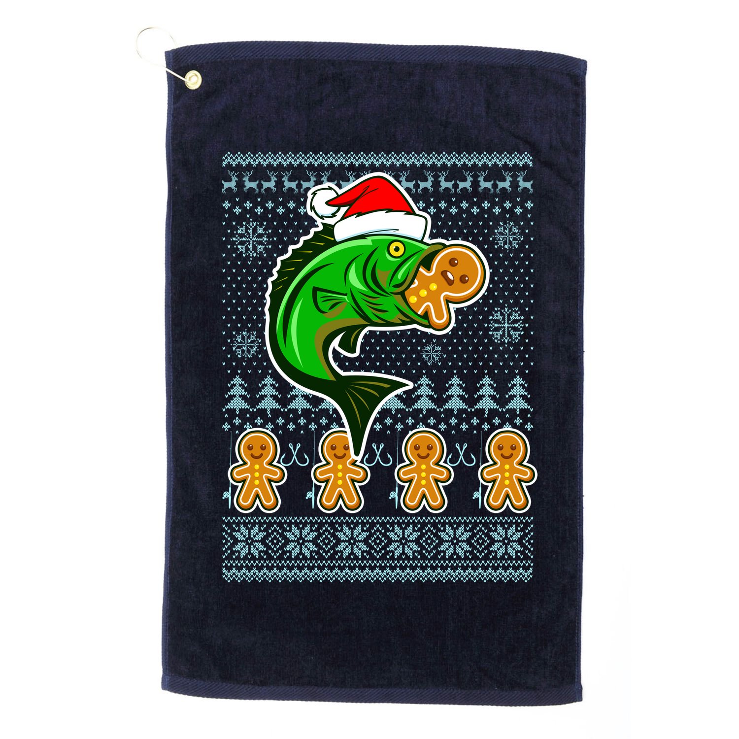 Bass Fish Eating Gingerbread Man Ugly Christmas Fishing Golf Towel