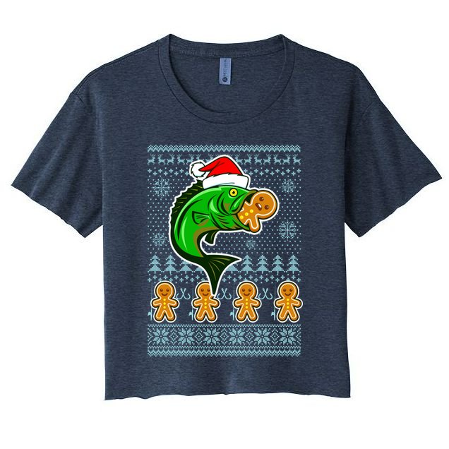 Bass Fish Eating Gingerbread Man Ugly Christmas Fishing Crop Top