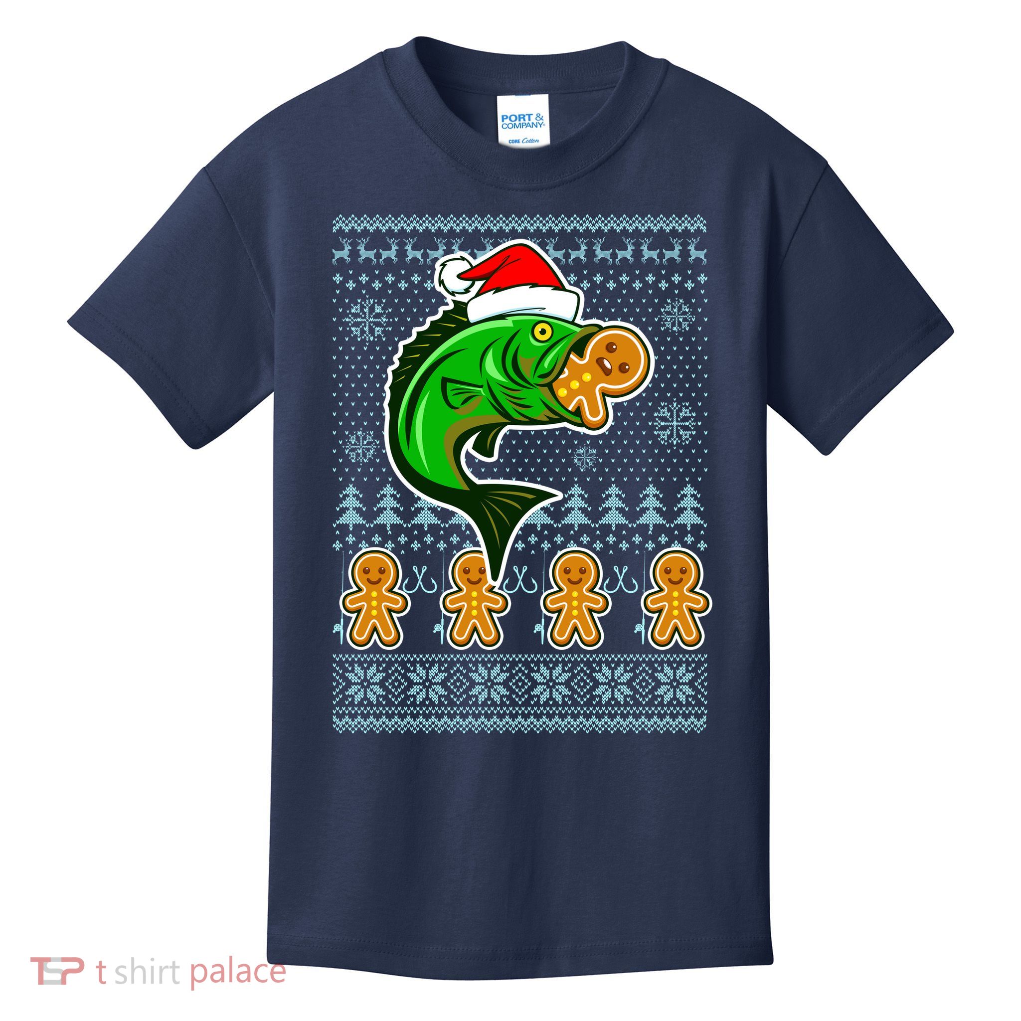 Bass Fish Eating Gingerbread Man Ugly Christmas Fishing Kids T-Shirt