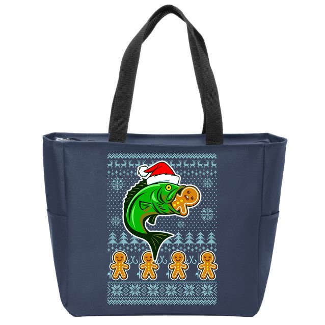 Bass Fish Eating Gingerbread Man Ugly Christmas Fishing Zip Tote Bag