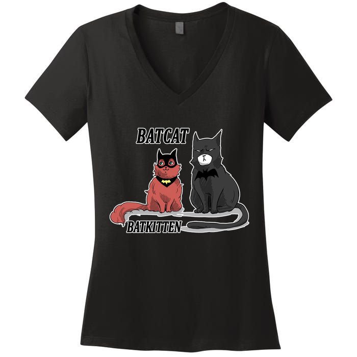 Bat Kitten Cat Funny Spoof Cartoon Women's V-Neck T-Shirt