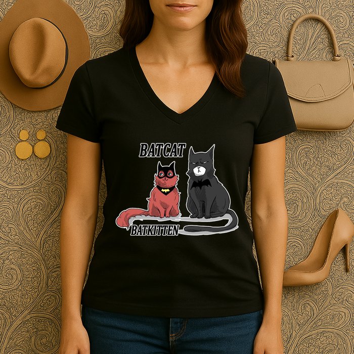 Bat Kitten Cat Funny Spoof Cartoon Women's V-Neck T-Shirt