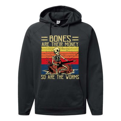 Bones Are Their Money Skeleton Playing Guitar Retro Vintage Performance Fleece Hoodie