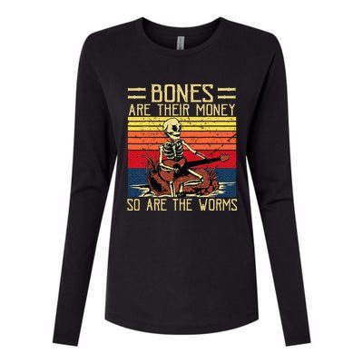 Bones Are Their Money Skeleton Playing Guitar Retro Vintage Womens Cotton Relaxed Long Sleeve T-Shirt