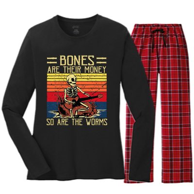 Bones Are Their Money Skeleton Playing Guitar Retro Vintage Women's Long Sleeve Flannel Pajama Set 