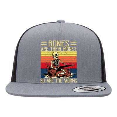 Bones Are Their Money Skeleton Playing Guitar Retro Vintage Flat Bill Trucker Hat