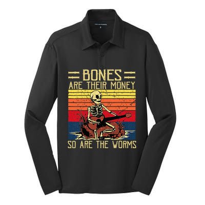 Bones Are Their Money Skeleton Playing Guitar Retro Vintage Silk Touch Performance Long Sleeve Polo