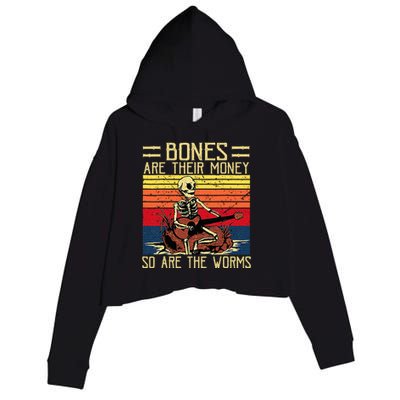 Bones Are Their Money Skeleton Playing Guitar Retro Vintage Crop Fleece Hoodie