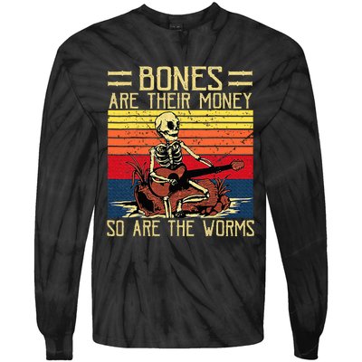 Bones Are Their Money Skeleton Playing Guitar Retro Vintage Tie-Dye Long Sleeve Shirt