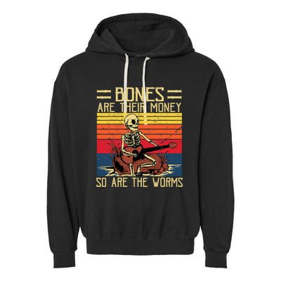 Bones Are Their Money Skeleton Playing Guitar Retro Vintage Garment-Dyed Fleece Hoodie