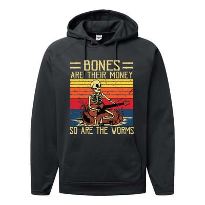 Bones Are Their Money Skeleton Playing Guitar Retro Vintage Performance Fleece Hoodie