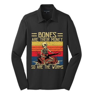 Bones Are Their Money Skeleton Playing Guitar Retro Vintage Silk Touch Performance Long Sleeve Polo