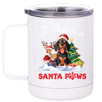 Black And Tan Coonhound Dog I Believe In Santa Paws Christmas Gift 12 oz Stainless Steel Tumbler Cup