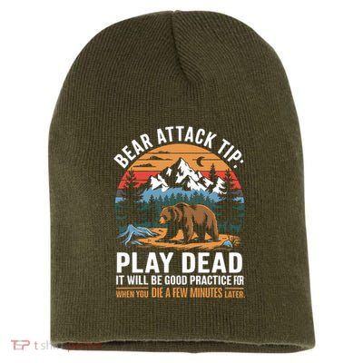 Bear Attack Tip Play Dead Funny Camping Hiking Mountain Short Acrylic Beanie