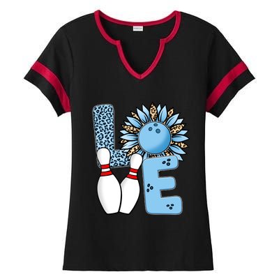 Bowling Alley T Shirts, Love Bowling Ally Leopard Sunflower Sports Ball Ladies Halftime Notch Neck Tee