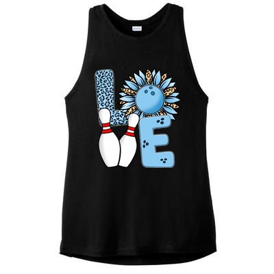 Bowling Alley T Shirts, Love Bowling Ally Leopard Sunflower Sports Ball Ladies PosiCharge Tri-Blend Wicking Tank