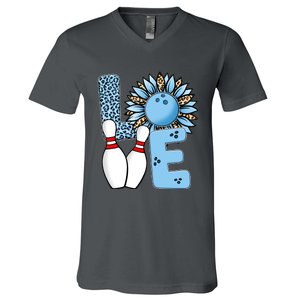 Bowling Alley T Shirts, Love Bowling Ally Leopard Sunflower Sports Ball V-Neck T-Shirt