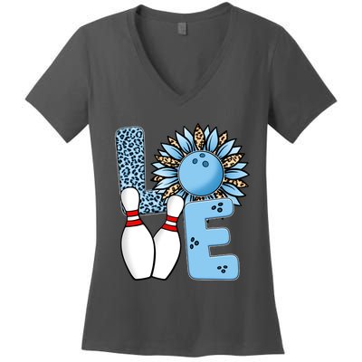 Bowling Alley T Shirts, Love Bowling Ally Leopard Sunflower Sports Ball Women's V-Neck T-Shirt