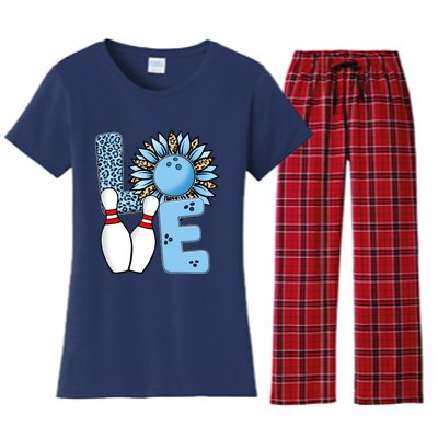 Bowling Alley T Shirts, Love Bowling Ally Leopard Sunflower Sports Ball Women's Flannel Pajama Set