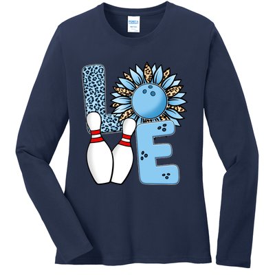 Bowling Alley T Shirts, Love Bowling Ally Leopard Sunflower Sports Ball Ladies Long Sleeve Shirt