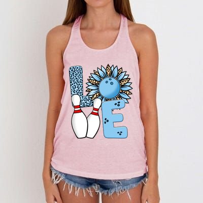 Bowling Alley T Shirts, Love Bowling Ally Leopard Sunflower Sports Ball Women's Knotted Racerback Tank