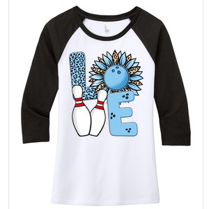 Bowling Alley T Shirts, Love Bowling Ally Leopard Sunflower Sports Ball Women's Tri-Blend 3/4-Sleeve Raglan Shirt