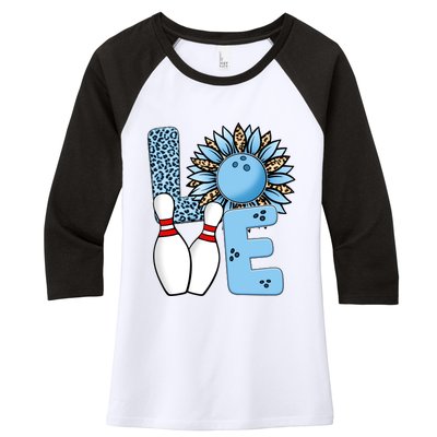 Bowling Alley T Shirts, Love Bowling Ally Leopard Sunflower Sports Ball Women's Tri-Blend 3/4-Sleeve Raglan Shirt